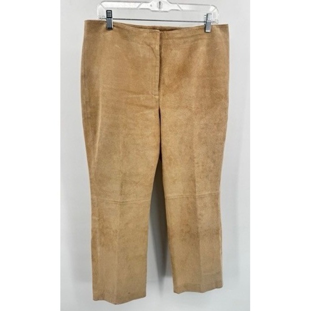 Vintage Apostrophe Womens Tan Leather Suede Straight Leg Pants SZ 12 Minimalist